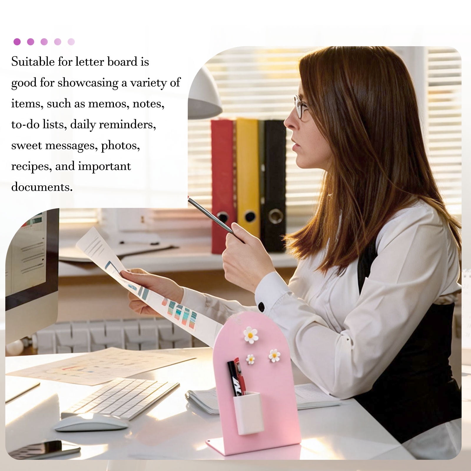 Uxcell 2 Pcs Magnetic Bulletin Board, Memo Magnet Display Stand Board with 6 Flower Magnets for Home Office Kitchen, Pink/Purple/White