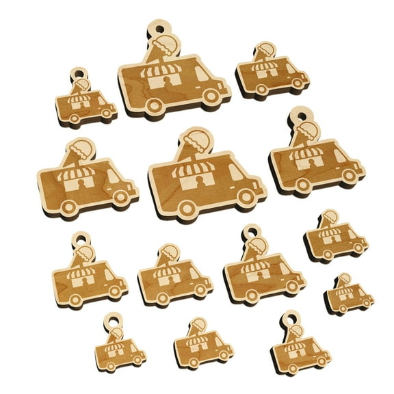 Ice Cream Truck Wood Mini Charms Shapes DIY Craft Jewelry - With Hole - Various Sizes (16pcs)