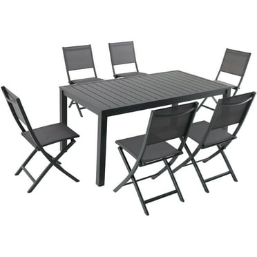 Hanover Naples 7-Piece Outdoor Dining Set with 6 Sling Folding Chairs  Gray and 63" W x 35" L Table