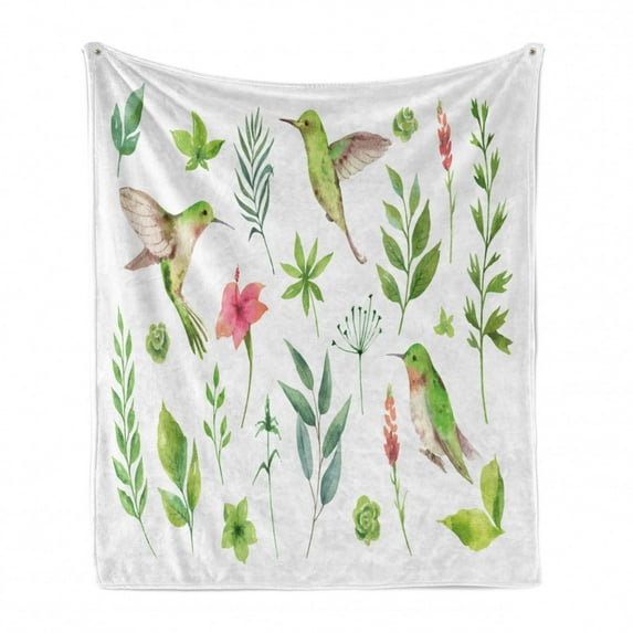Hummingbird Soft Flannel Fleece Blanket, Nature Spring Plant Herb Themed Isolated Leaves Twig Birds Demonstration, Cozy Plush for Indoor and Outdoor Use, 50" x 60", White Apple Green, by Ambesonne