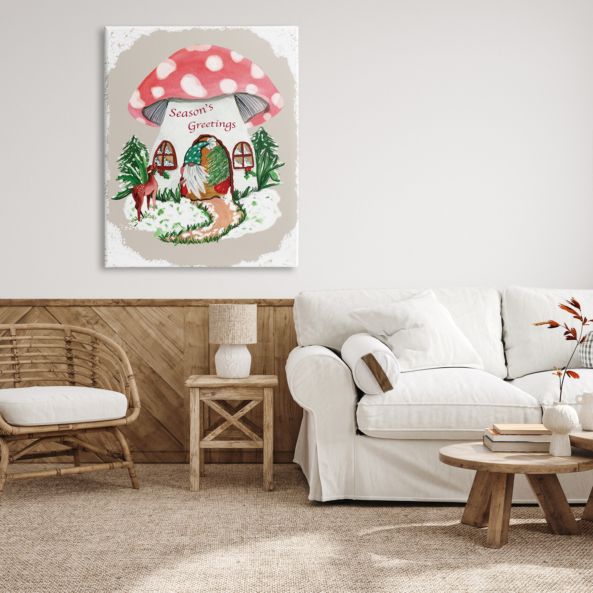 Stupell Industries Season's Greetings Gnome Forest Mushroom House Garden Creature, 36 x 48, Design by Kate Eldridge