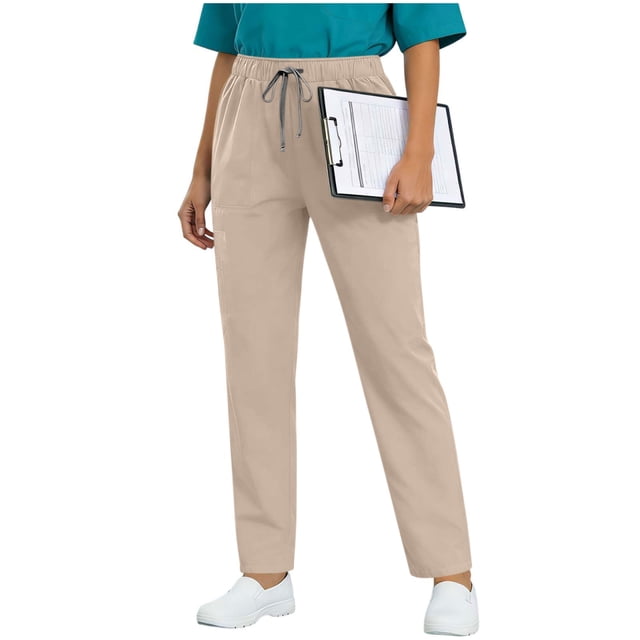 FRSASU Women's Scrubs Pants Solid Color Straight Leg Work Trousers with Drawstring Elastic Waist & Multi-Pockets Khaki XS(XS)