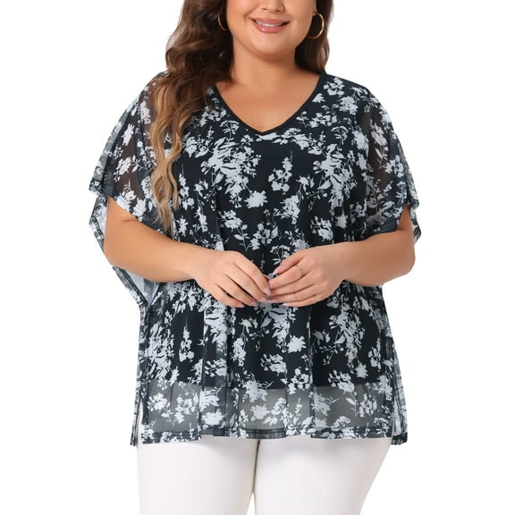 DARING DIVA Women's Plus Floral Batwing Sleeve Loose Blouse 1X Black