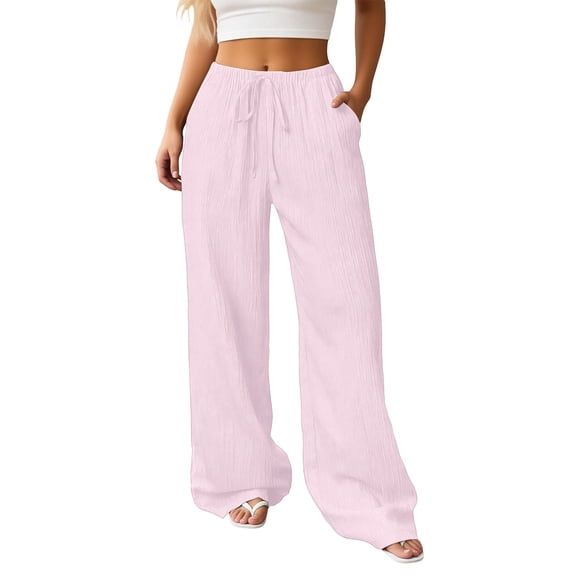 RUTAYY Women's Pants Summer Casual Wide Leg Solid Color Textured with Pocket Drawstring Comfortable Breathable Trendy Travel Trousers