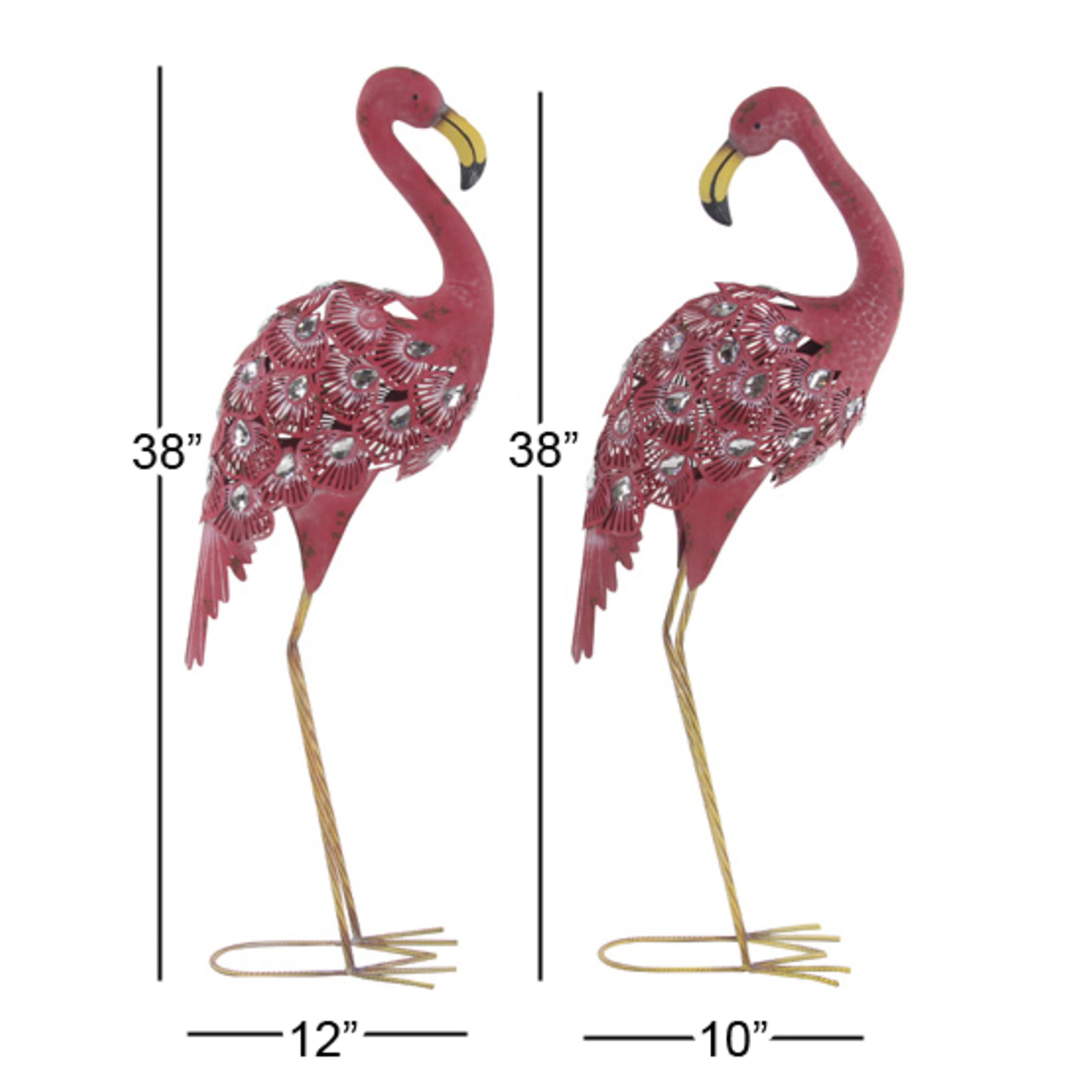 DecMode Coastal Outdoor Metal Standing Pink Flamingo Garden Sculpture, Set of 2 10"W x 38"H