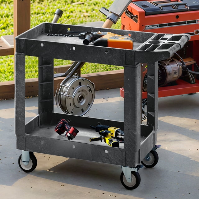 DEXTRUS Chariot Utilitaire Robuste à Roulettes avec Roues Verrouillables, Chariot de Service en Plastique HDPE à 2 Tablettes, Capacité de 550 Lb, 40 Pouces x 17 Pouces x 34 Pouces, pour Garage, Entrepôt et Atelier, Gris