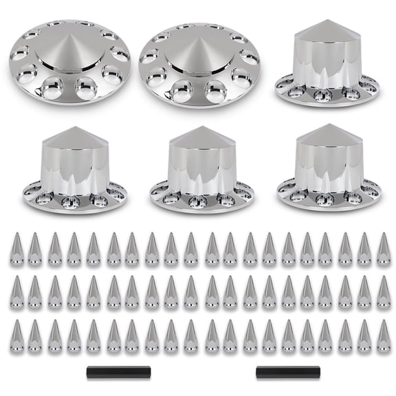 Chrome Hub Cover Kit 33mm Front & Rear Semi Truck Wheel Axle Covers Spiked