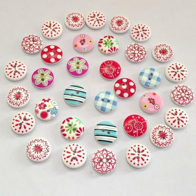 NANDIYNZHI home & kitchen 15mm Pattern 100Pcs Printing Scrapbooking Mixed Round Holes Wood Buttons 2 Home DIY Multicolorï¼Clearanceï¼