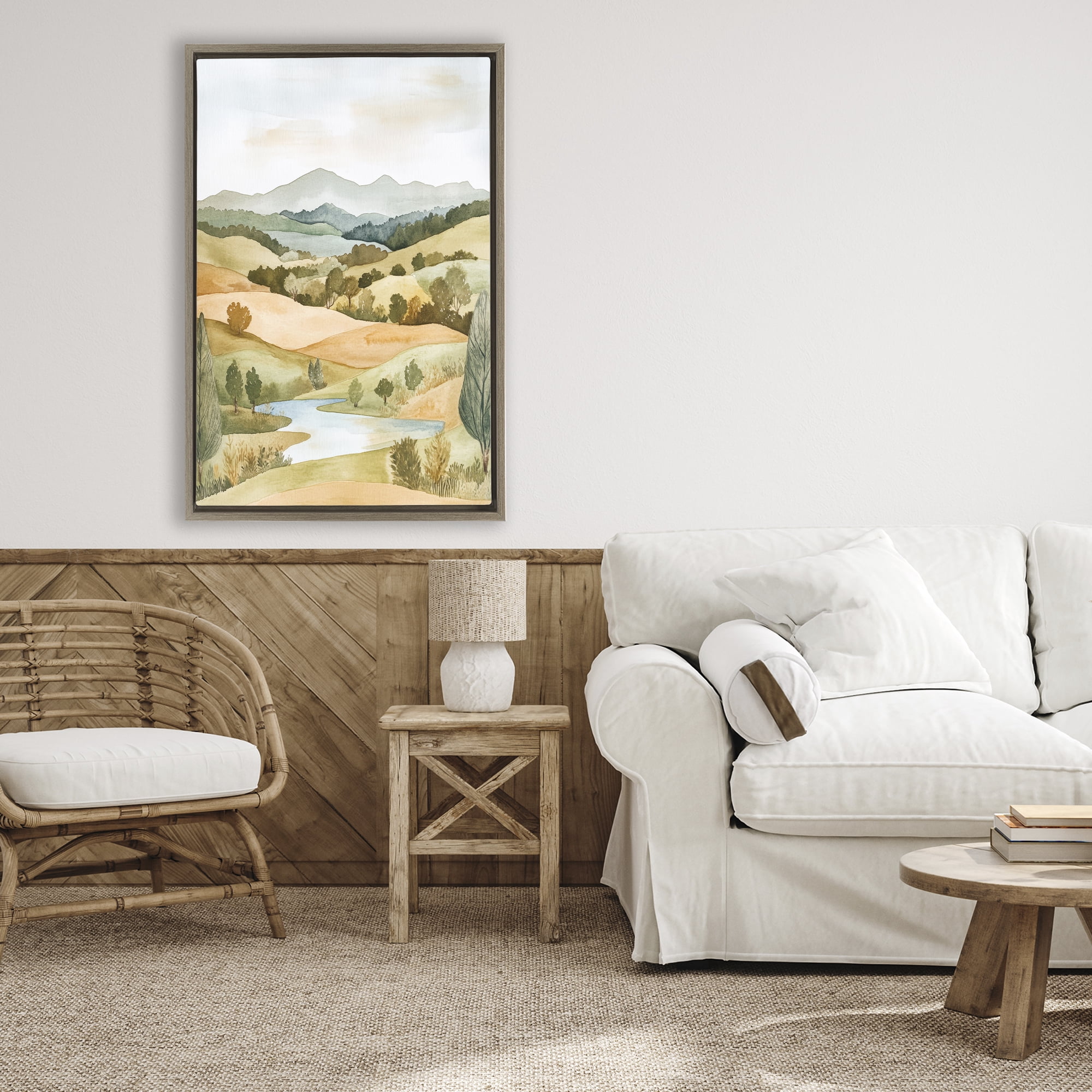 Stupell Industries Watercolor Hills & Tranquil Valley Brown Framed Floater Canvas Wall Art, design by Petal Prints Design