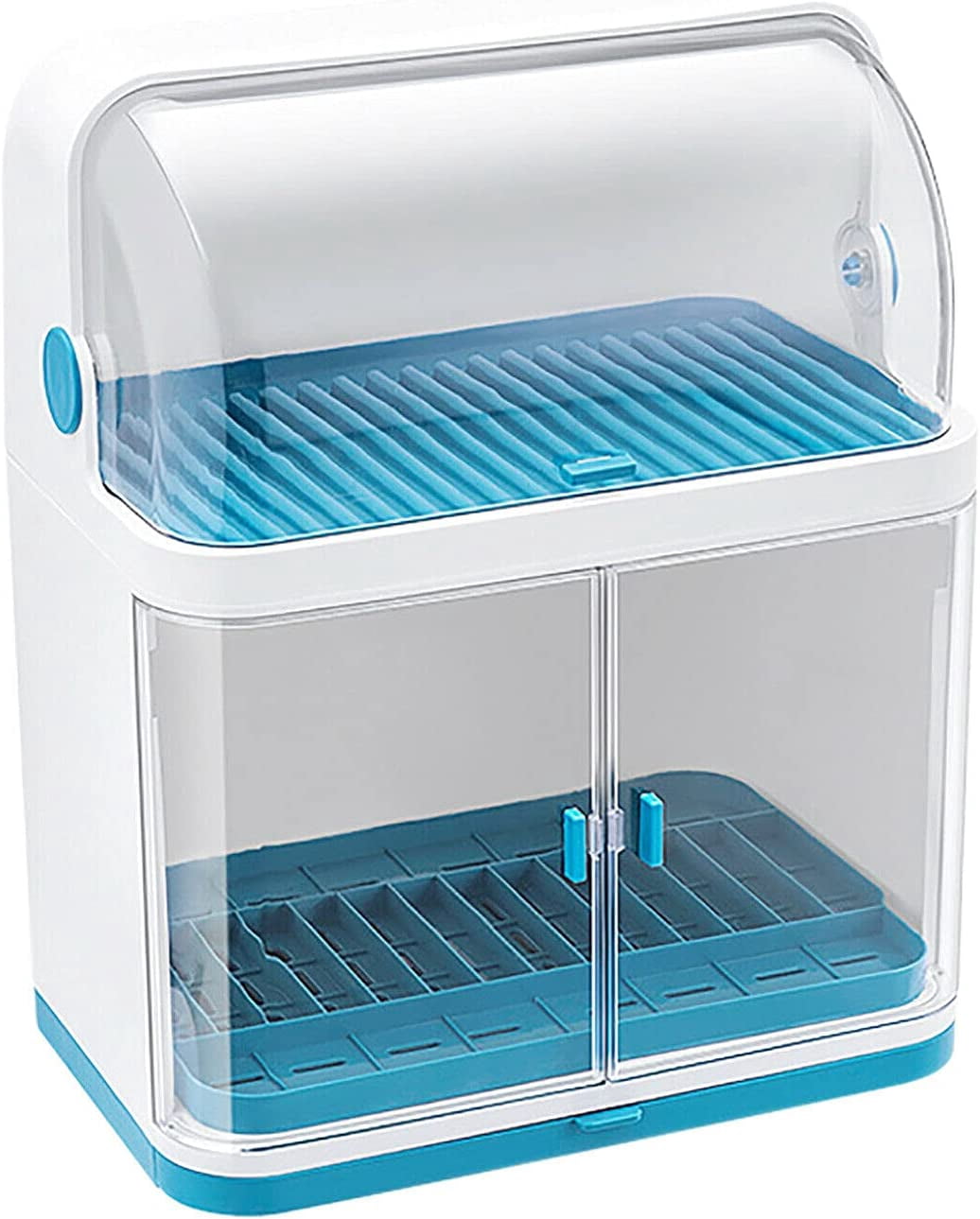 FETCOI Dish Drying Rack with Transparancy Shield Modern Dish Organizer Dust-Proof Kitchen Utility Storage Drainer Box with Detachable Drip Tray for Kitchen Counter