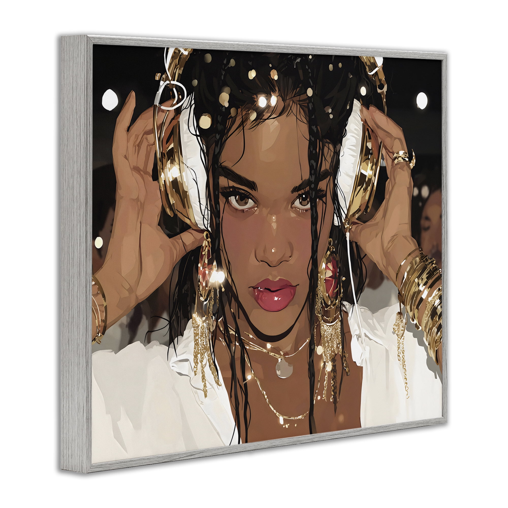 Stupell Industries Gold Headphones Glam Female Gray Framed Giclee Art, design by Franklyn Gregory