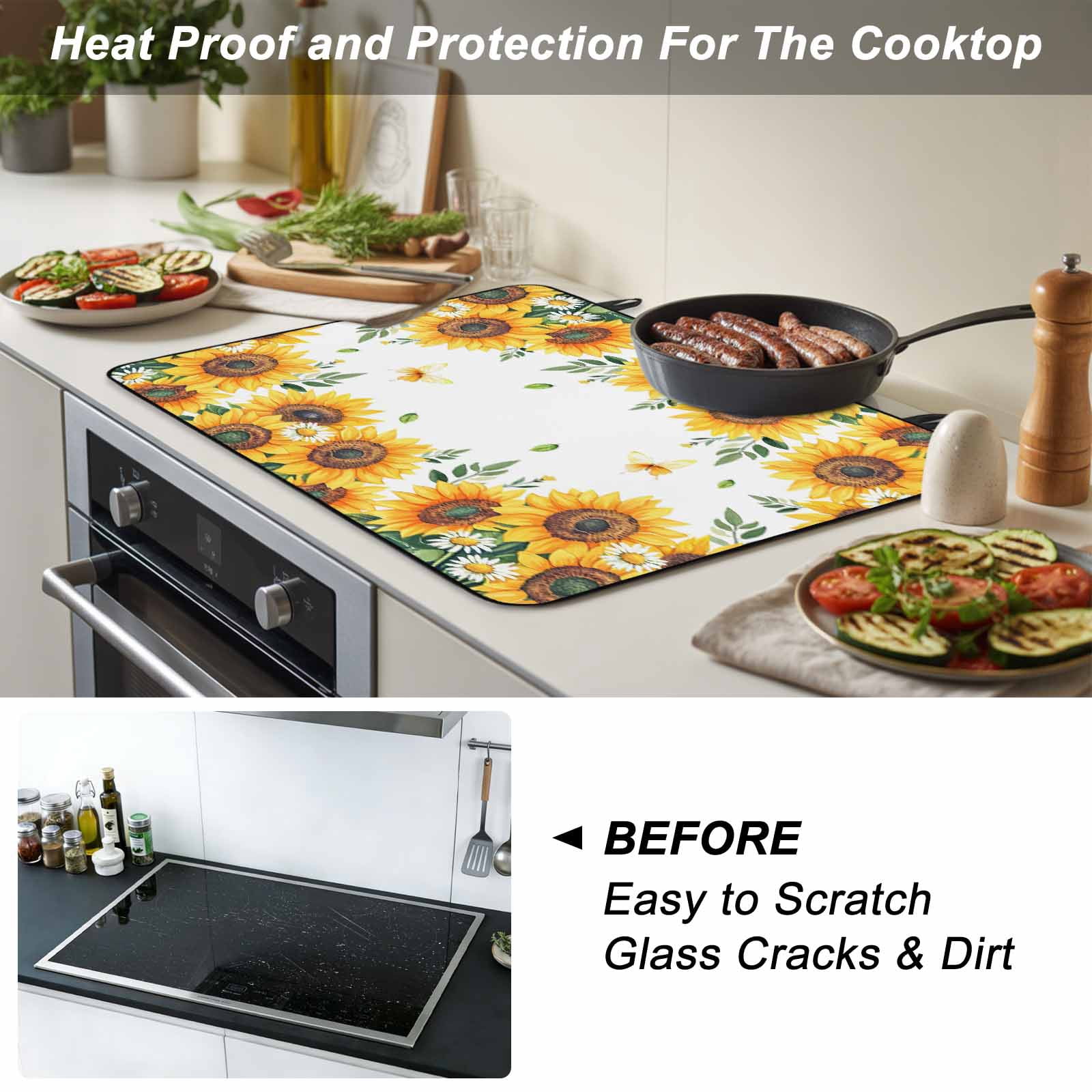 Summer Sunflower Stove Top Cover for Electric Stove, Heat-proof & Non Slip Glass Top Stove Cover Protector, Daisy Leaves Butterfly Botanical Kitchen Flat Cooktop Rubber Mat 24x21 Inches