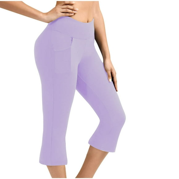 Womens Stretch Capris on Clearance Women Capris Solid Elastic Waist Pocket Cropped Pants Casual Stretchy Stylish Pants Yoga Sports Casual Flared Pants Womens Cargo Capris New Purple L