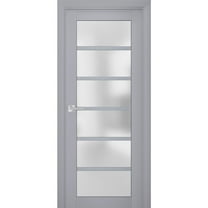 Interior Solid French Pre-Hung Door Frosted Glass | Veregio 7602 Matte Grey | Single Regular Panel Frame Trims Handle | Bathroom Bedroom Sturdy Doors -32" x 96"