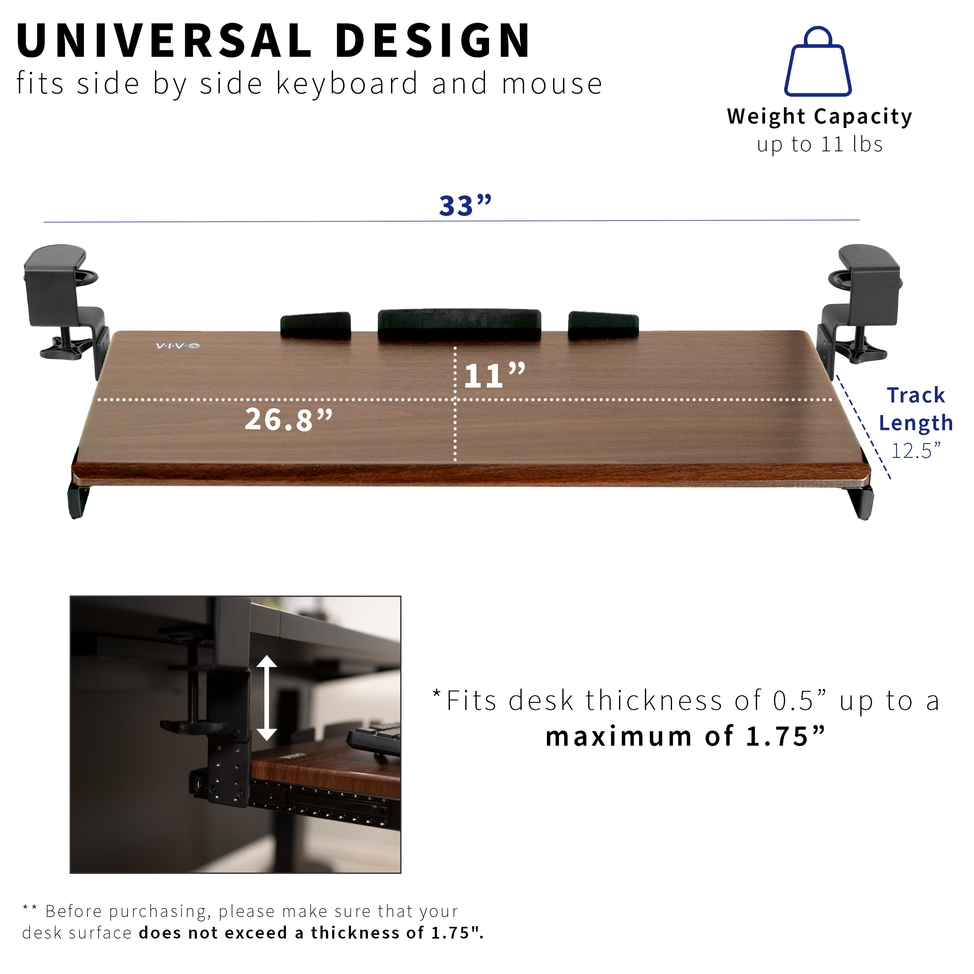 VIVO Dark Walnut Clamp-on Height Adjustable Keyboard & Mouse Under Desk Tray