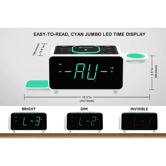 Smartset Dual Alarm Clock FM Radio with Wireless Charging,  Speaker, Fast / Charging, Foldable Stand, USB Charger