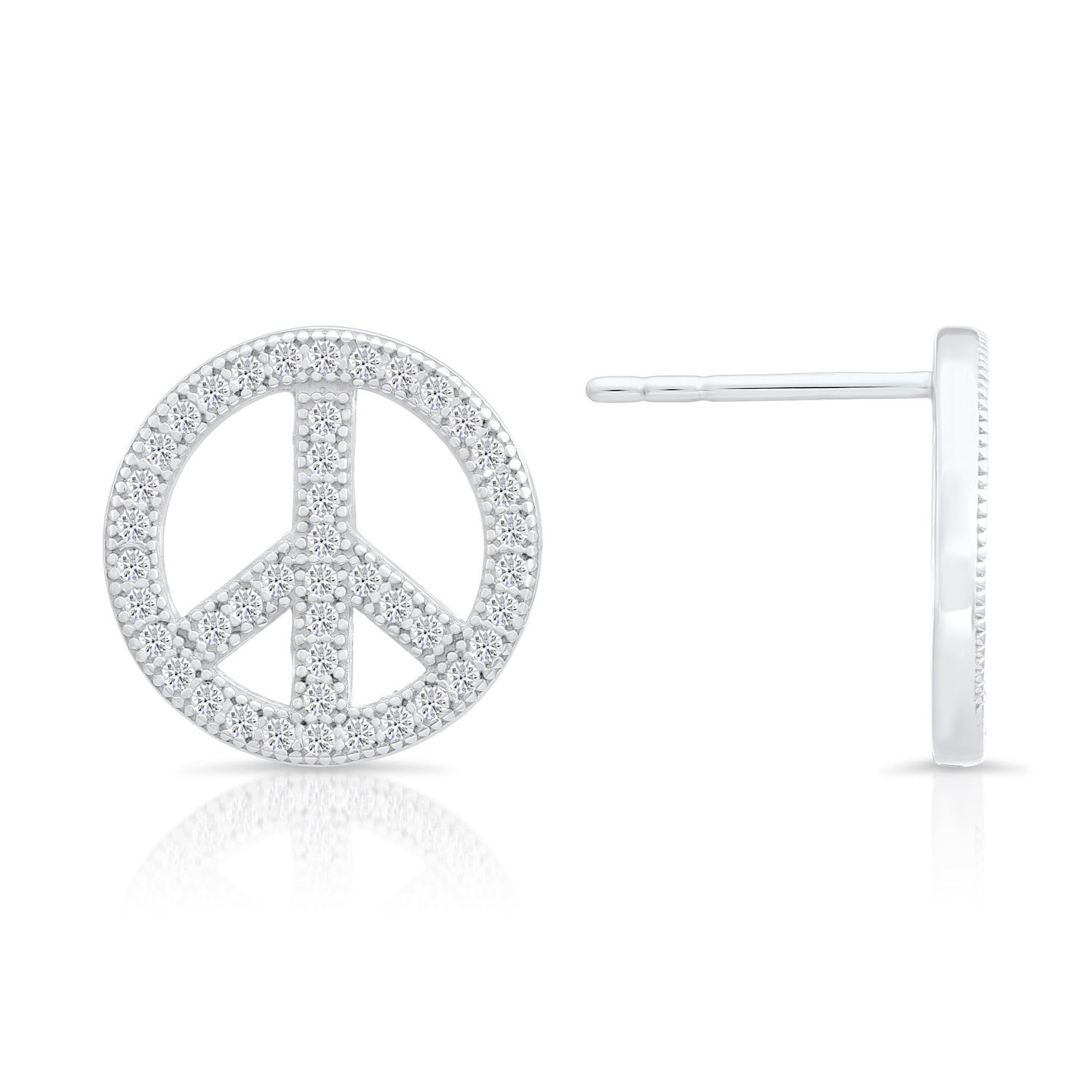 Tilo Jewelry 925 Sterling Silver Peace Sign Stud Earrings with Cubic Zirconia CZ Stones | Secure Push-Backs | Women & Unisex