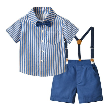 

Toddlers And Baby Boys Sets Clothing Striped Printed O-Neck Short Sleeve Shirt Tops Suspender Shorts With Tie Child Gentleman Outfits Lovely Holiday Sports Fashion Sets