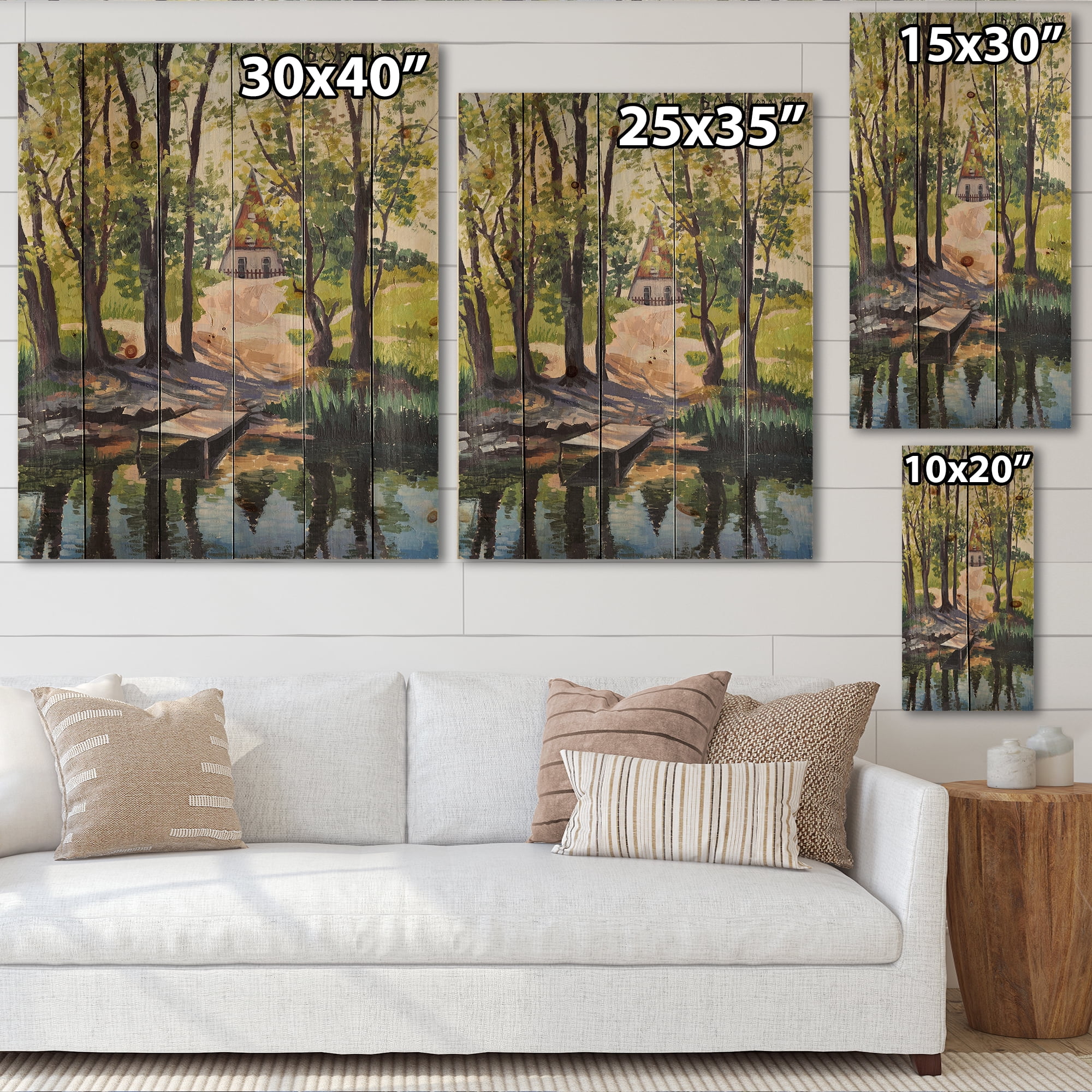 Designart 'Mysterious Countryside House By The River In The Woods' Lake House Print on Natural Pine Wood
