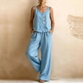 thumbnail image 2 of Sleeveless Button Front Linen Set for Women, Scoop Neck Tank & Wide Leg Pants Two Piece Outfit - Loose Fit Summer Vacation Ensemble Sky Blue XXXL, 2 of 5