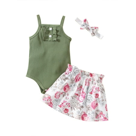 

Canrulo Summer Newborn Baby Girls Clothes Solid Ruffle Romper Tops Floral Print Skirt Headband 3Pcs Outfits Green 3-6 Months