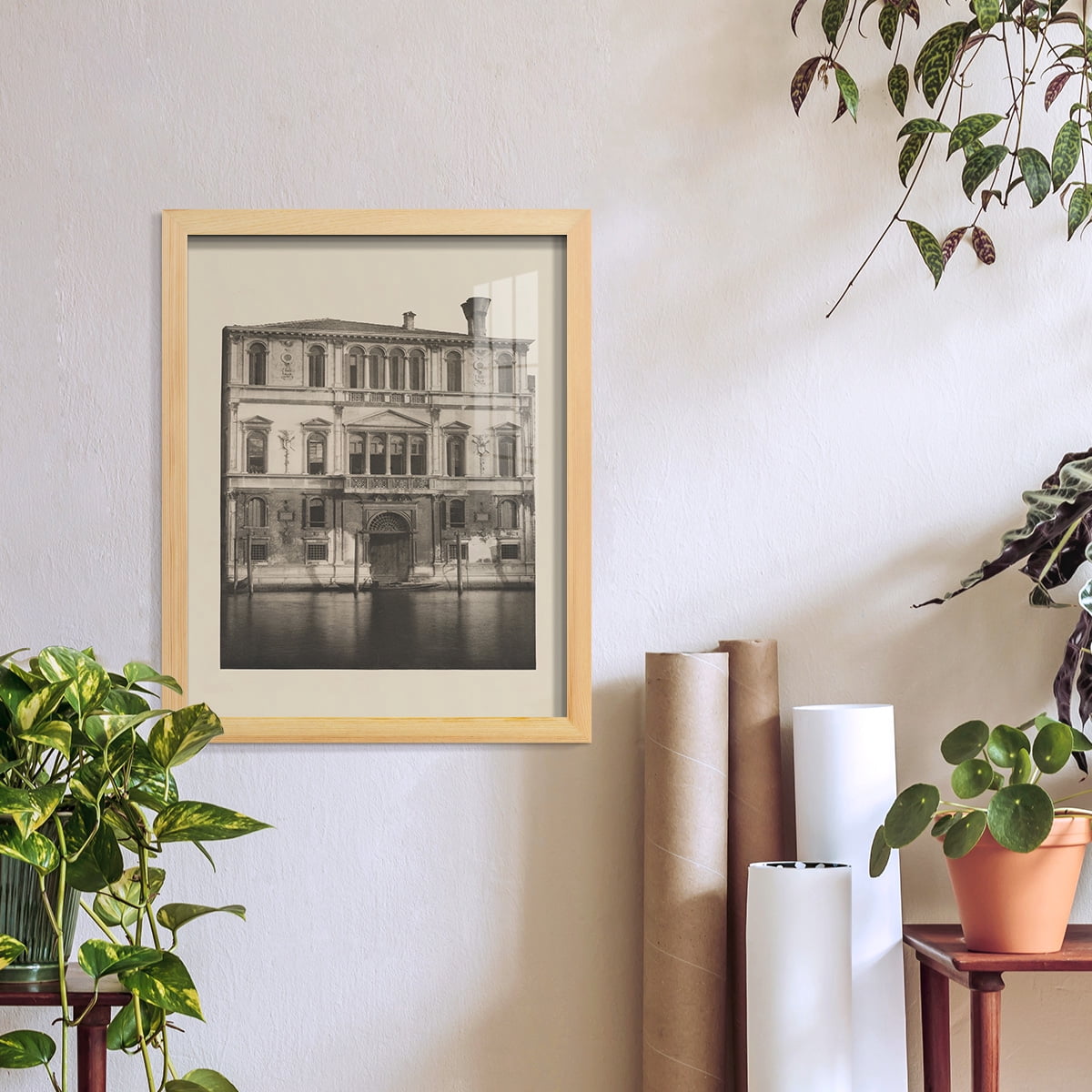 Vintage Views of Venice I - Framed Print w/glass - Natural Wood