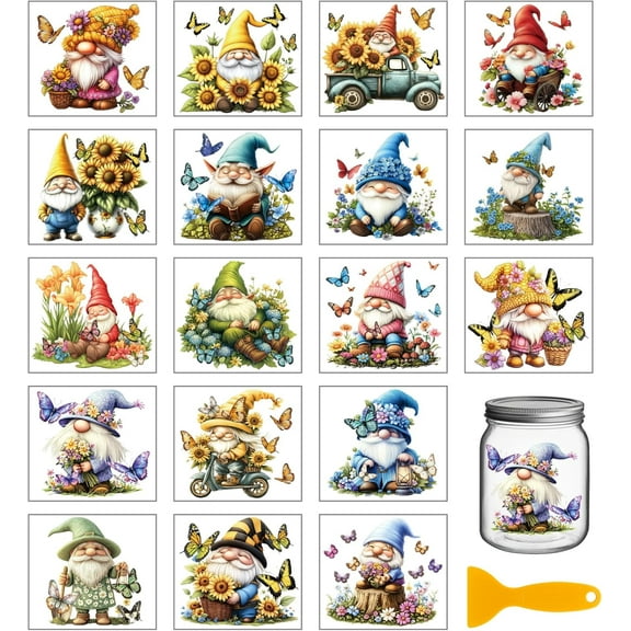 18 Sheets Gnome Rub on Transfer 3.9x3.6inch Colorful Daisy Butterfly Vase Home Decals Flowers Dwarf Cup Transfer Stickers for Furniture Vase Glass Art Crafts Decorations