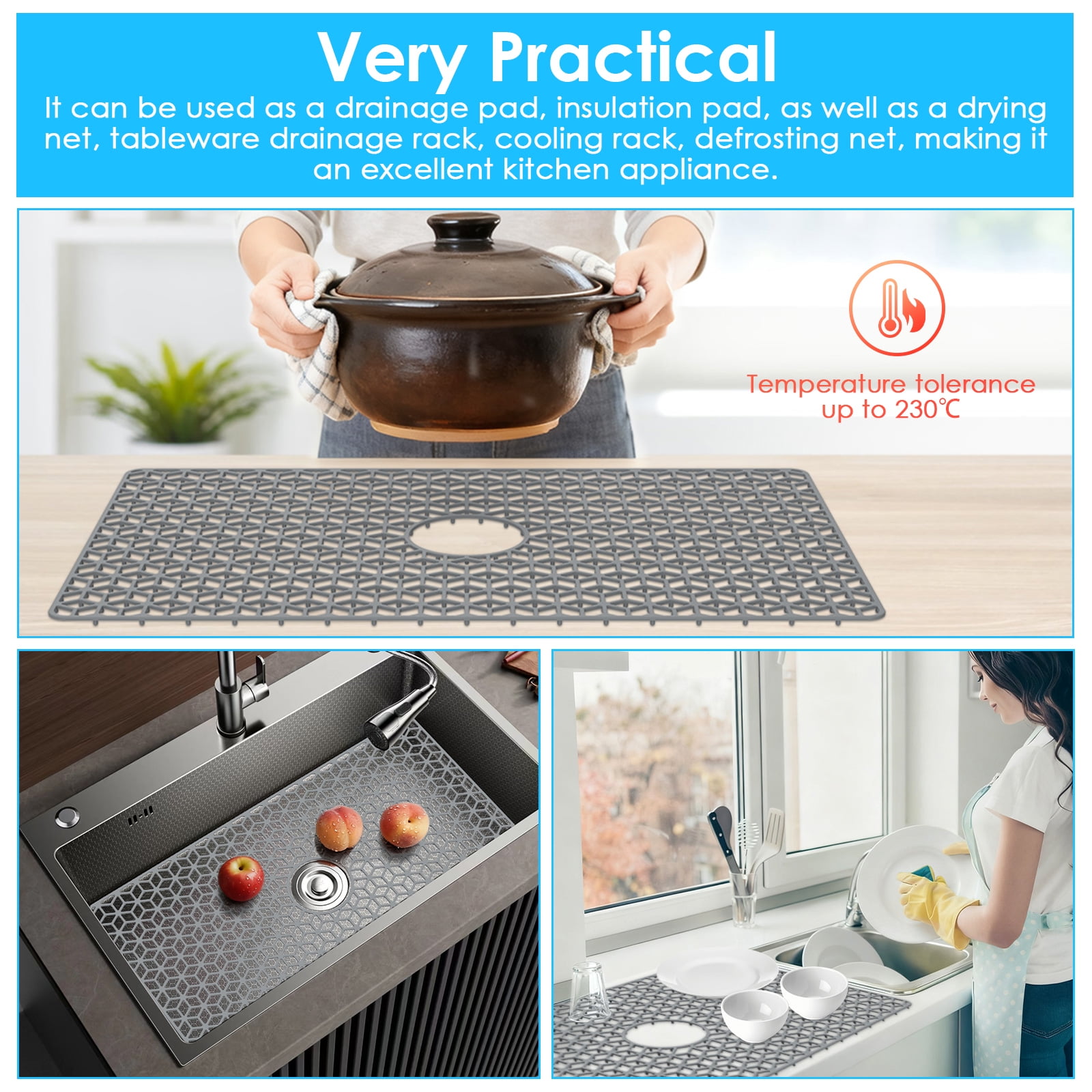 Practical Silicone Sink Protector Heat Resistant and Nonslip Kitchen Sink Mat with Hollow Design for Home Kitchen Countertop