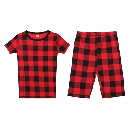 

Just Love Pajamas for Girls Snug-Fit Cotton Girls PJ Set Short Sleeve Tee & Shorts (Red - Buffalo Plaid Short Sleeve With Short 6X)