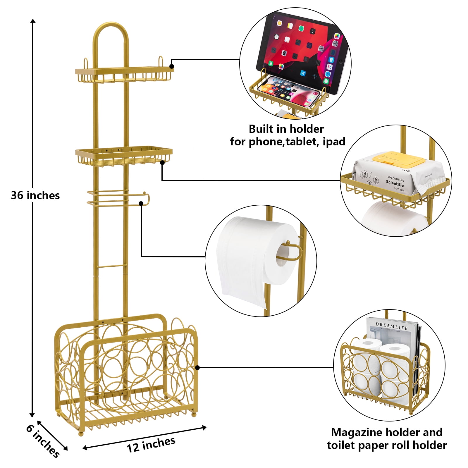 Oasis Creations Toilet Paper Holder Tissue Rack Stand with Magazine Toilet Roll Storage Basket- Freestanding, Gold Metal