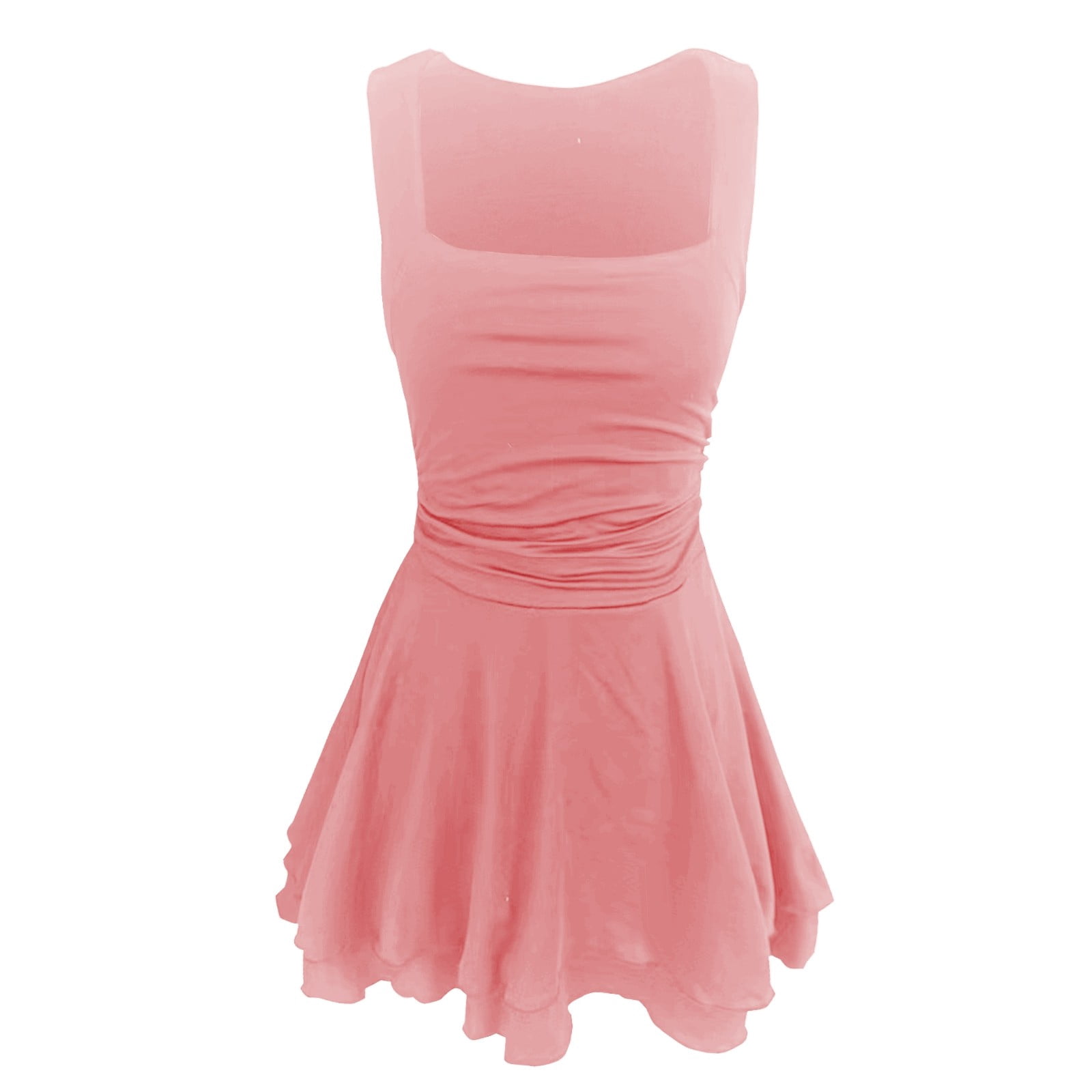 Wuxian Women Tennis Dress Sleeveless Wide Strap Popular Square Neck High Waist Ruched A-Line Ruffle Tiered Flowy Athletic Sport Workout Yoga Mini Dresses,Light Pink,L