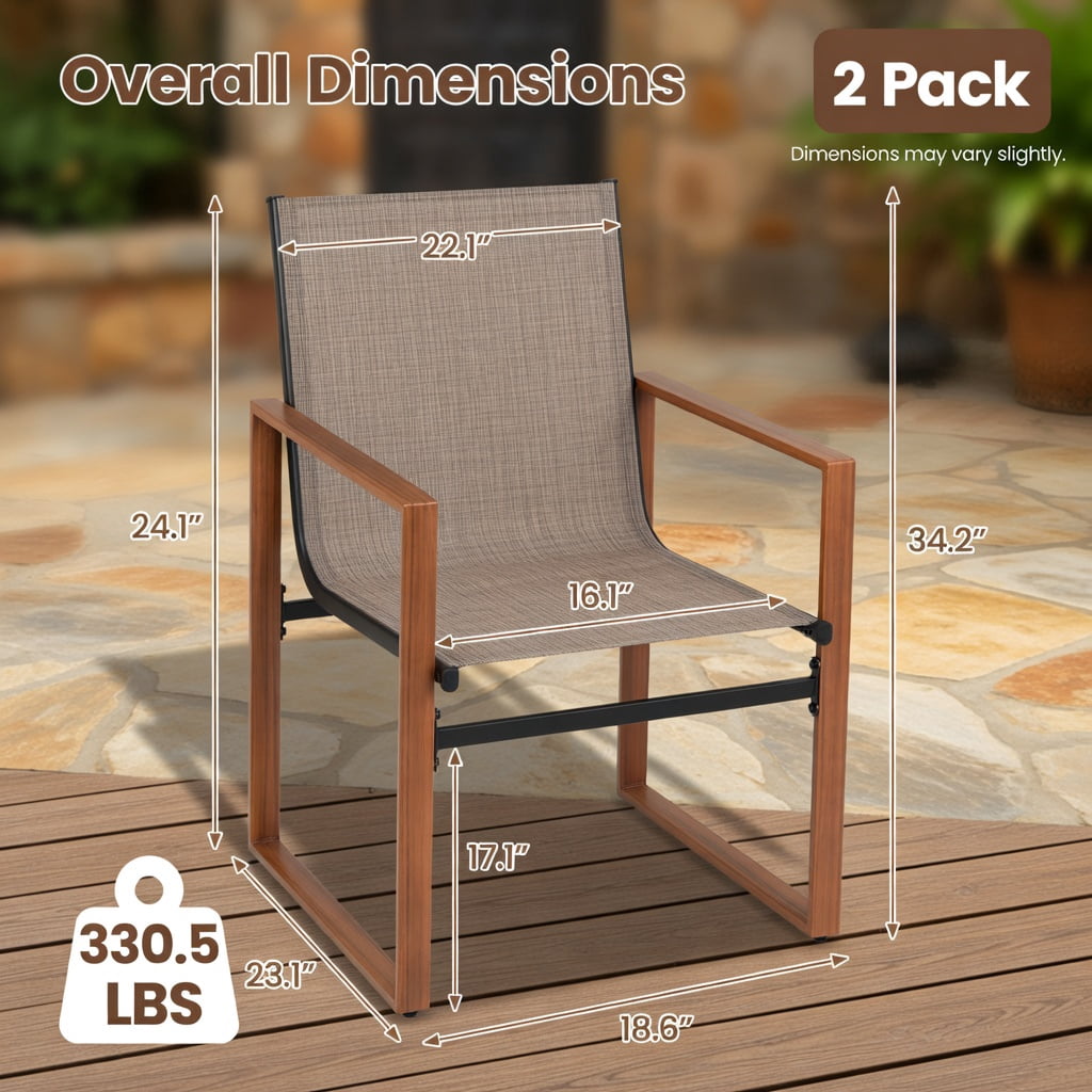 Hommoo 2-Pack Outdoor Patio Dining Chairs, Breathable Fabric Seat & Back, Rust-Resistant Wood-Grain Armrests, Heavy-Duty Metal Frame, Brown
