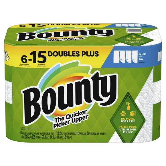 Bounty Essuie-Tout Select-A-Size, 6 Rouleaux Doubles Plus, Blanc, 113 Feuilles par Rouleau