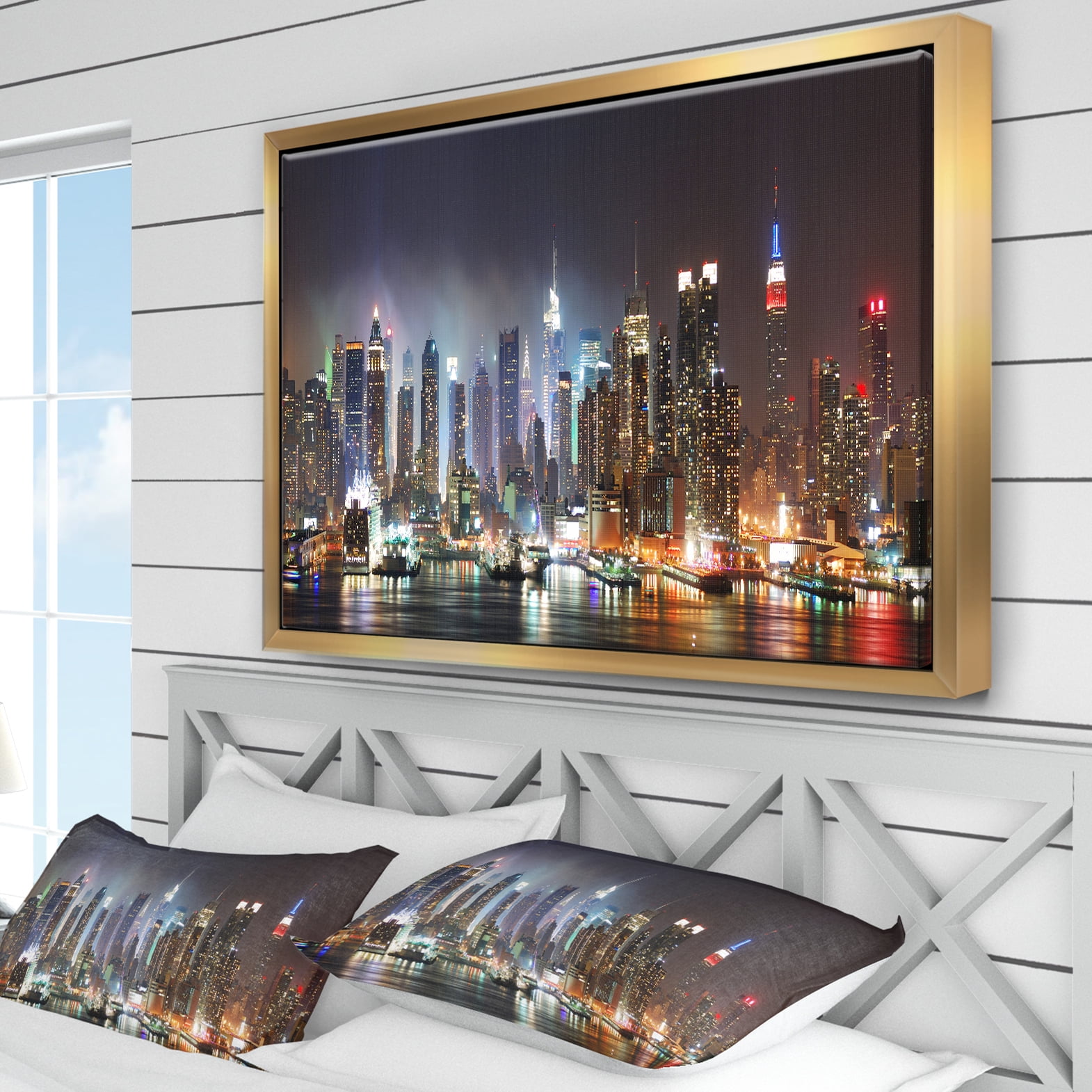 Designart ' Lit NYC Manhattan Skyline ' Cityscape Photo Framed Canvas Print