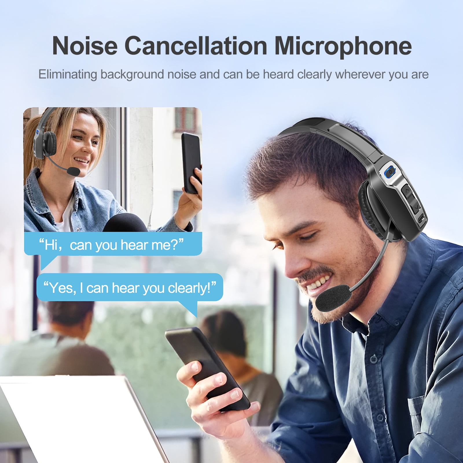 Trucker Bluetooth Headset with Microphone with AI Noise Cancelling & Mute Button Wireless Headphones 60 Hrs Working Time for Home Office Remote Work Zoom