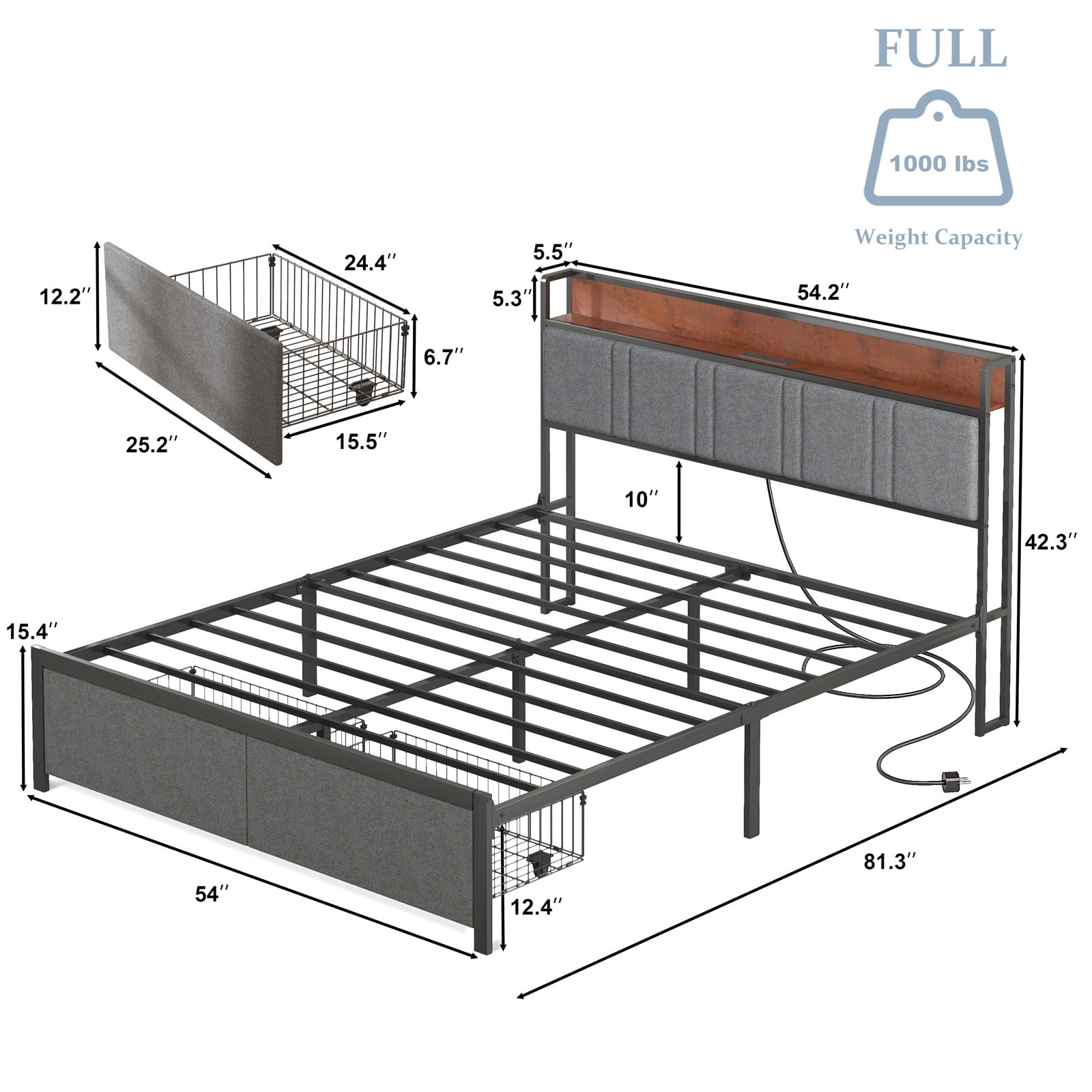 NISIEN Full Size Bed Frame with 2 Storage Drawers, Metal Platform Bed Full with Upholstered Headboard and Charging Station, Gray