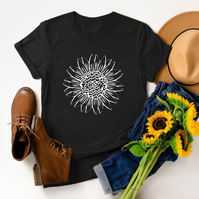 Pntutb - Camiseta de manga corta con estampado de girasol para mujer, blusa tipo túnica Pntutb Pntutb-2656