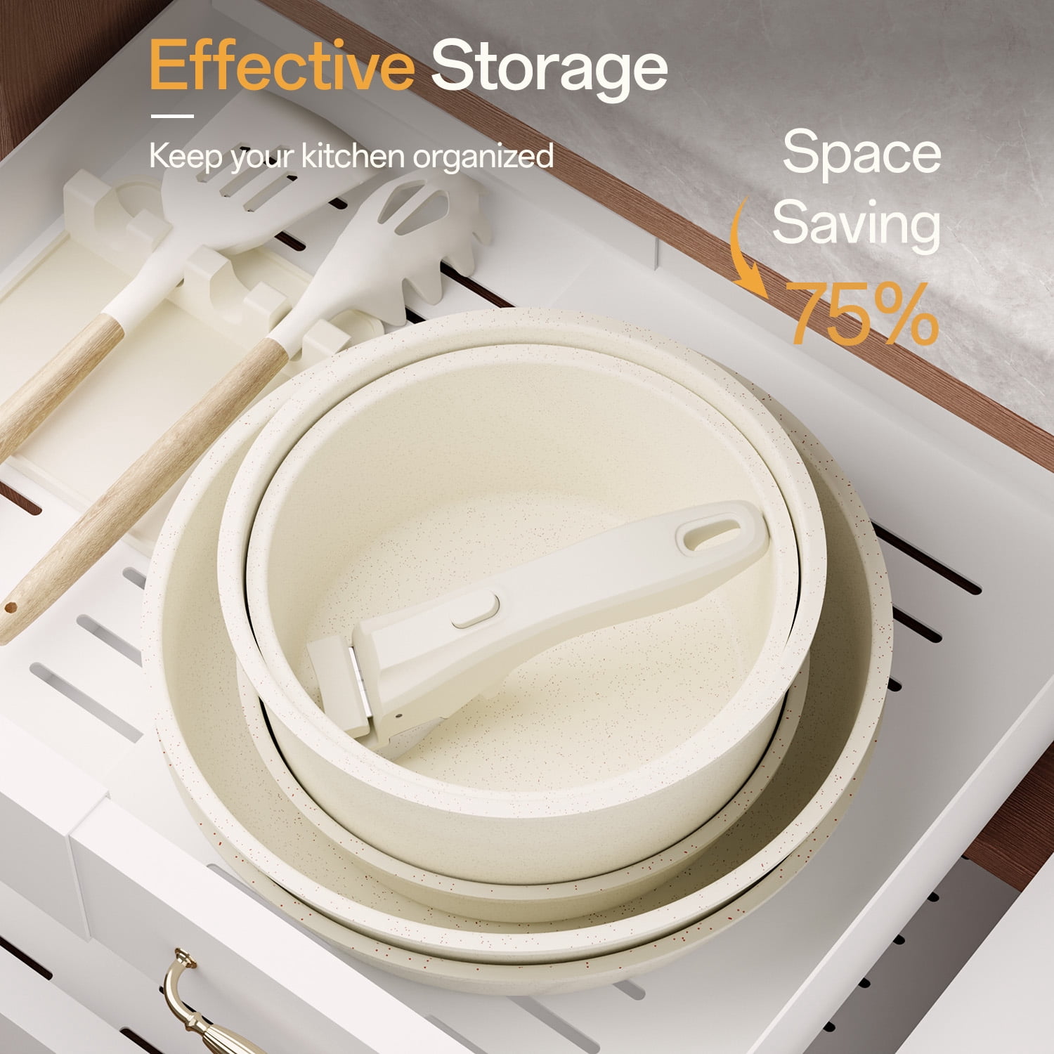 NULAS 21 Piece Pots and Pans Set Non Stick, Stackable RV Kitchen Cooking Set , Cookware Set with Detachable Handle, Dishwasher Safe,  Oven Safe, Cream White