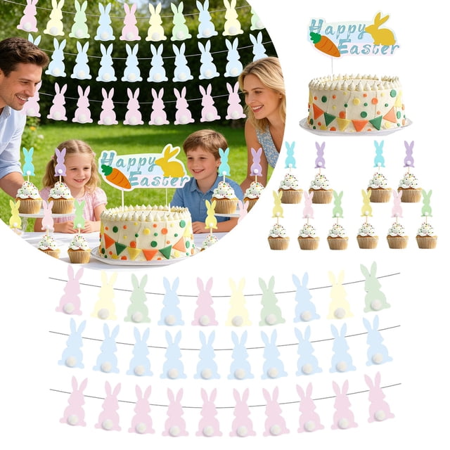 Creatine Easter Rabbit & Carrot Banner & Cake Topper Festive Party For Birthday & Holiday Celebration