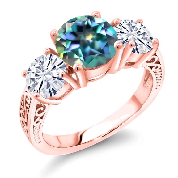 Gem Stone King 18K Rose Gold Plated Silver Millennium Blue Mystic Topaz and White Moissanite Engagement Ring for Women | 3.60 Cttw | Round 8MM | Gemstone November Birthstone | Size 6