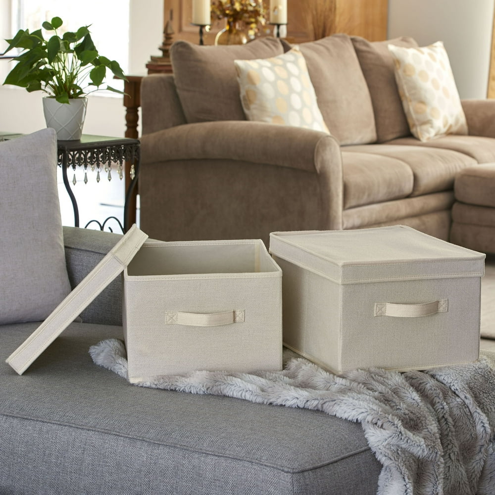 Household Essentials Large Fabric Storage Bin with Lid, Set of 2, Cream