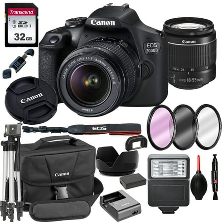 Canon Eos 2000D / Rebel T7 DSLR Camera with 18-55mm f/3.5-5.6 Zoom Lens + 32GB Card Tripod Flash and More (18pc Bundle) (International Version)