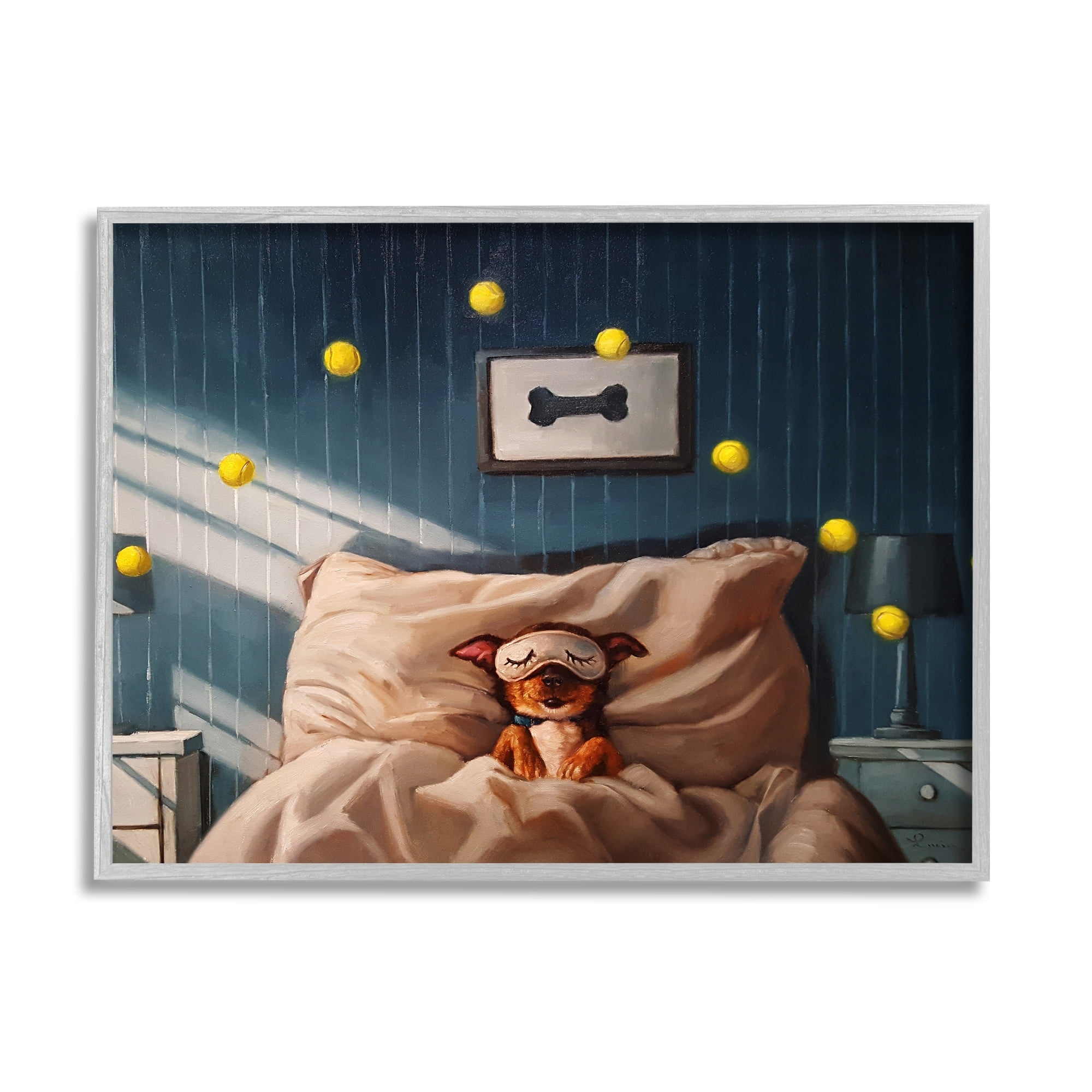 Stupell Industries Morning Dog Sleeping Eye Mask Bouncing Tennis Balls Framed Wall Art, 30 x 24, Design by Lucia Heffernan
