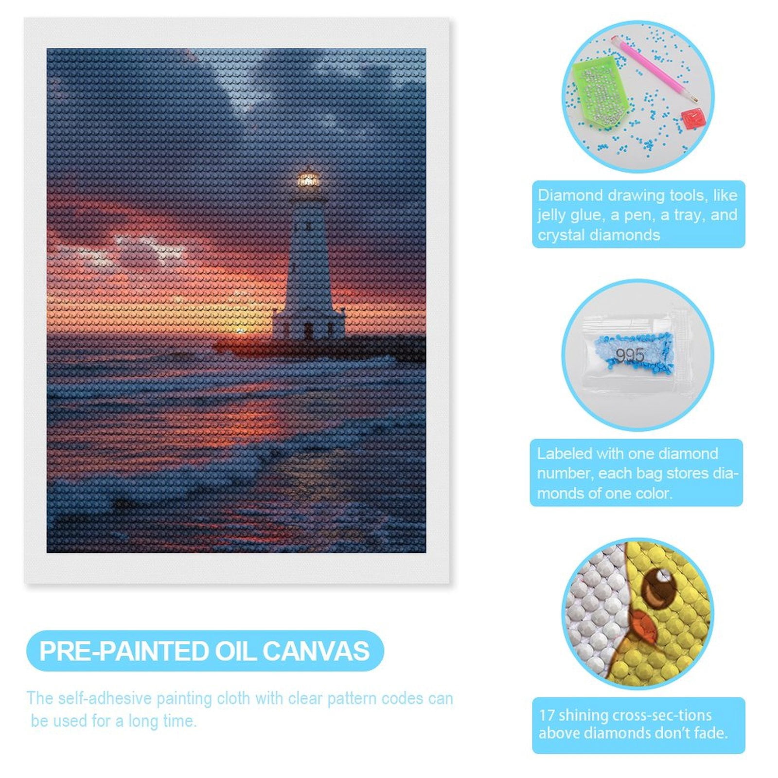 Diamond Art Kits for Adults, Sunset Lighthouse Over Ocean Waves 5D Diamond Painting Kits for Adults Beginners, DIY Full Drill Diamond Painting, Gem Art and Crafts 12x16