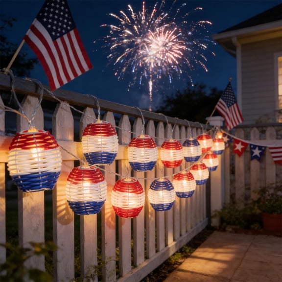 Independence Day Solar String Lights Lanterns, Red White and Blue LED Patio Lights for 4th of July Decorations, Outdoor Garden Yard Party Decor