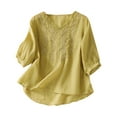 thumbnail image 2 of Yellow Womens Blouses Floral Tops Cotton Linen Shirts Boho Ethnic Style Tee Women 3/4 Sleeve V Neck Button Tunic Tshirt Ladies Tops and Blouses, 2 of 5