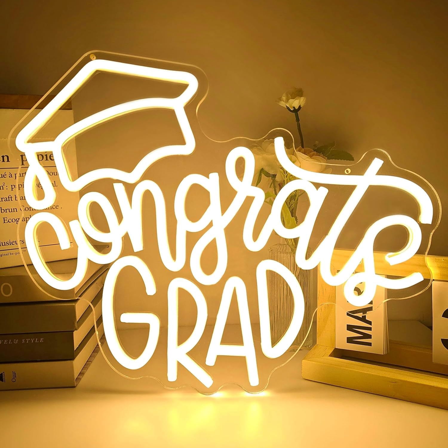 Congrats Grad Neon Sign W/ Graduation Cap,Congrats Grad Sign for Backdrop,Grad Neon Lights for Bedroom,Graduation Led Signs Class of 2026,Graduation Gift for Room Dorm Decor