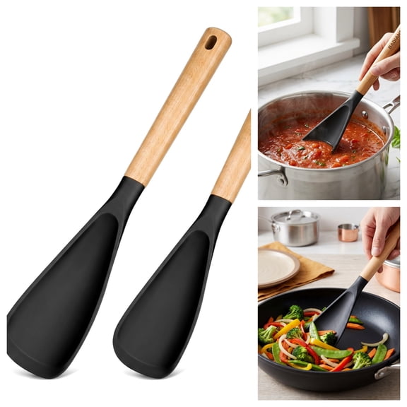 Silicone Cooking Spoon Set - 2 Pack Nonstick Safe Spoonula with Wood Handle, 13.4 and 13.4 Inch for Mixing, Scooping, and Scraping, Black