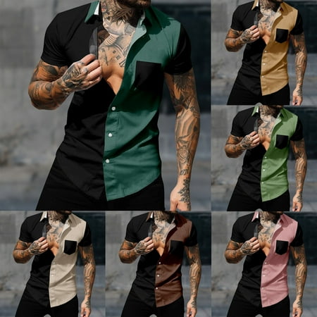 UVEASISHA Button Down Shirts for Men Short Sleeve Mens Hawaii Shirts Big and Tall Colorblock Shirts Summer Funky Bowling Shirts with Pocket