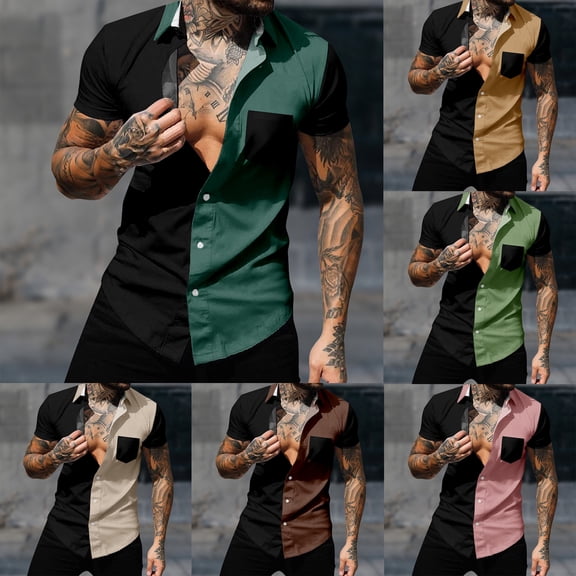 2 Pack Summer Beach Shirt for Men Big & Tall S-4X Plus Size Short Sleeve Tshirts Shirt with Pocket and Collared Button-Down Color Block Going-Out Tees Tops